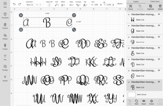 Separate the selected initials in Cricut
